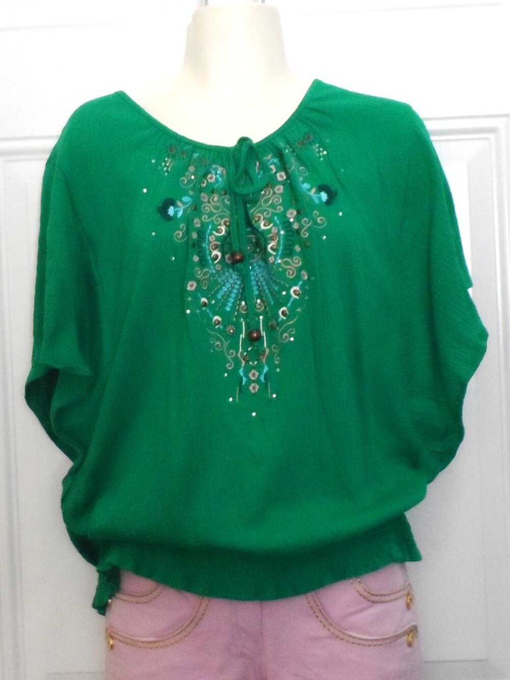Style & Co. Green embroidered beaded detail boho blouse - size M